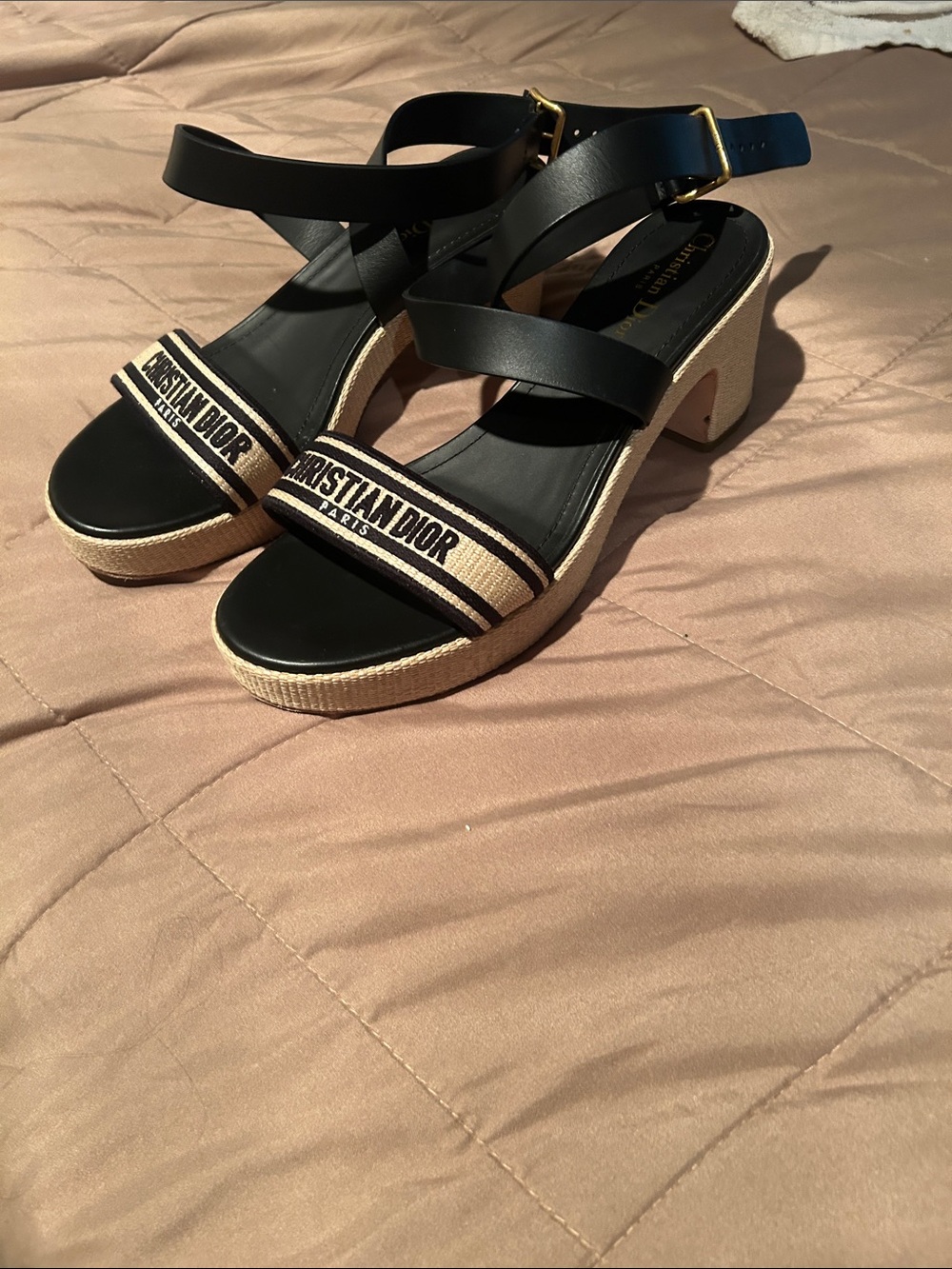 Dior Black Leather Sandals with Beige Logo Strap - Picture 2 of 4